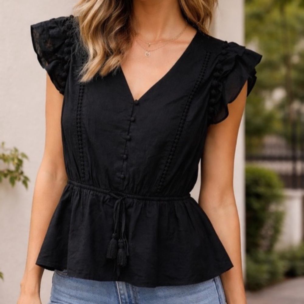 Point Sur J.Crew Black Peplum Blouse 
| Ruffle Sleeve Tassel Tie Boho Top
